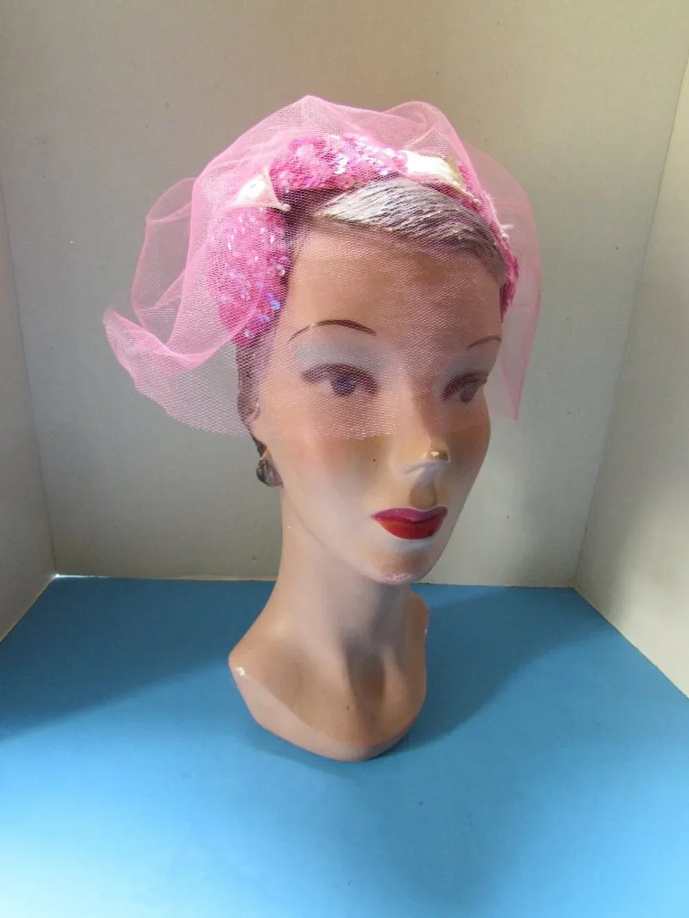 Vintage Half Hat Fuchsia Sequins Pink Veil